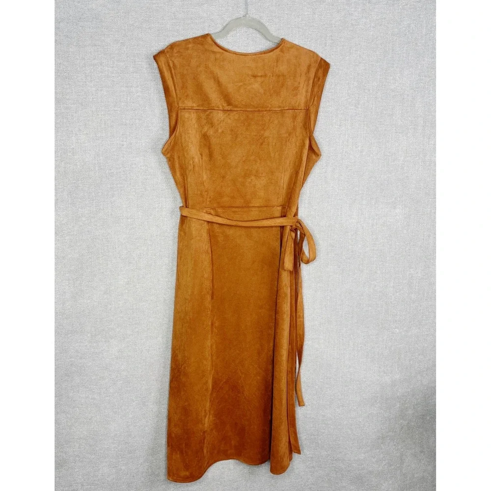 Banana Republic Dress Womens 14 Beige Wrap Midi Faux Suede Vegan Sleeveless Work